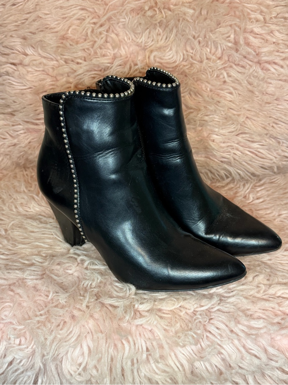 Pointed Black Leather Ankle Booties with Stud Trim